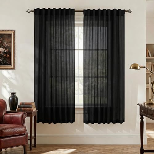 Mrs.Naturall Black Curtains 63 Inch Length for Bedroom 2 Panels Set, Boho Gothic Semi Sheer Light Filtering Back Tab Muslin Linen Curtains 63 Inches Long for Living Room, Cortinas Negras - color: Black, size: 52"W x 63"L (Pack of 2)