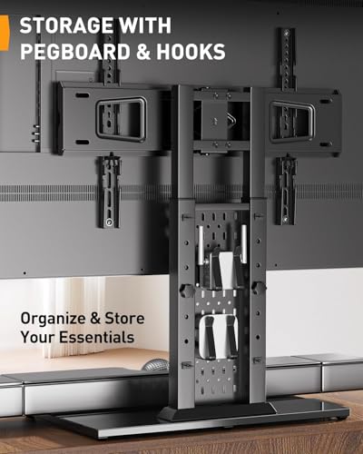 Perlegear Universal Swivel TV Stand for 42-85 90 Inch TVs, Television Stands with Pegboard Storage, Height Adjustable Table top TV Stand Mount, Glass Base up to 150 lbs, Max VESA 600x400mm PGTVS36 - size: 42-90 Inch