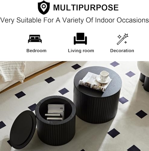 Round Nesting Coffee Table Set of 2, Wood Side Tables with Storage | Fluted Walnut Accent and End Tables Sets, Mid Century Modern, Living room, bedroom, office, small spaces, Black - color: Black With Storage