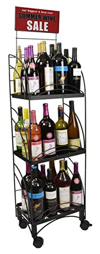Displays2go 14.5" w Wire Shelving Unit with Locking Wheels | Black, 3 Display Levels, Retail Store Fixture, Includes Removable Sign Holder, NCYRR10BK