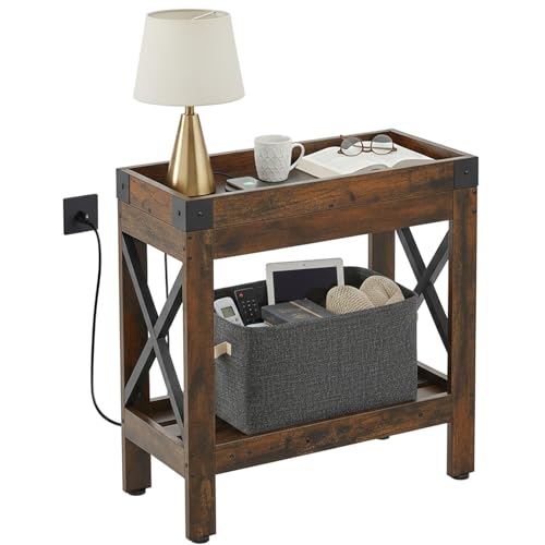 Narrow End Table with Charging Station, Rustic Brown Side Table with 2 USB Ports & Power Outlets, Slim Industrial Nightstand for Small Spaces, Living Room Sofa & Bedroom - color: Rustic Brown, style: With Outlets