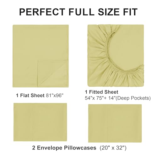 Full Sheet Sets, Cotton Blended Breathable Bed Sheets 4 Piece, Deep Pocket Up to 14", 1 Fitted Sheet, 1 Flat Sheet and 2 Pillowcases (Yellow, Full) - color: Yellow-4pcs Sheet Set, size: Full