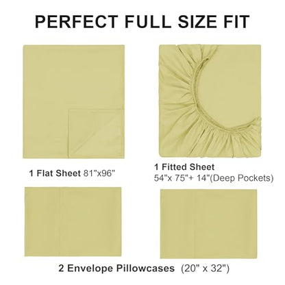 Full Sheet Sets, Cotton Blended Breathable Bed Sheets 4 Piece, Deep Pocket Up to 14", 1 Fitted Sheet, 1 Flat Sheet and 2 Pillowcases (Yellow, Full) - color: Yellow-4pcs Sheet Set, size: Full