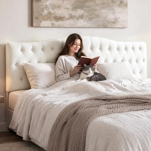 Iroomy Upholstered Queen Headboard, Button Diamond Tufted Headboard with Adjustable Height and Solid Wood Leg, Velvet Padded Headboards for Queen Size Bed, Modern Head Board, White - color: White, size: Queen