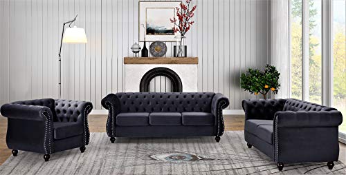 GDFStudio 82.6" Velvet Sofa Set, Modern Living Room Couch Set, Upholstered Sofa Loveseat Chair Set, Chesterfield with Button Tufted Back Rolled Arms Wood Tapered Feet for Apartment Living Room, Black - color: Black, size: 3+2+1 Seat
