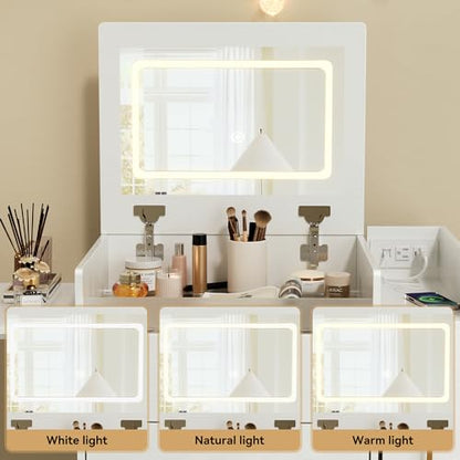 Herture 3 in 1 Vanity Desk with Flip Top Mirror, Comapct Vanity | Small Vanity with Lights,Outlets,Side Cabinet,Collapsible Desk Panel,Storage Hidden Stool,Makeup Vanity Table White PT01DTW - color: White