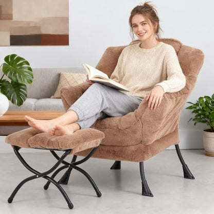 Modern Lazy Chair with Ottoman Lounge Accent Reading Chair for Living Room | Foldable Footstool,Removable Cover,Soft Padded Seat & Backrest,Upholstered Comfy Chair for Bedroom,Dorm,Office,Small Space - color: Plush Brown