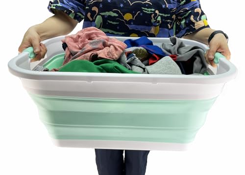SAMMART 41L (10.8 gallons) Collapsible Plastic Laundry Washing Tub/Basket-Foldable Pop Up Storage Container/Organizer-Portable Laundry Hamper-Space Saving (1, White/Pale Jade) - color: White/Pale Jade