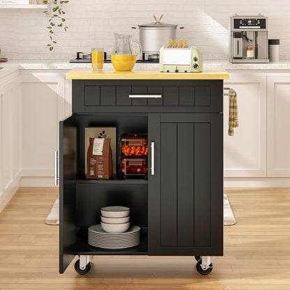 Kitchen Island Cart on Wheels with Storage Cabinet & Drawer, 26" Width Rolling Kitchen Table, Cart Handle for Towel Rack or Free Mobility, Kitchen Cart, Dining Room(Black) - size: 26-IN