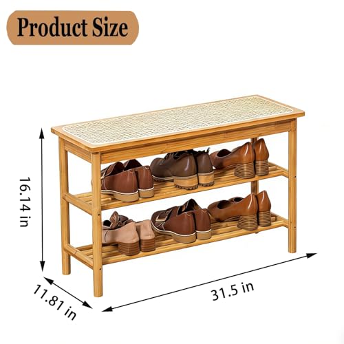 latifolia Shoe Rack Bench, 3-Tier Bamboo Shoe Bench with Breathable Rattan Seat Cushion, Shoe Storage Rack for Entryway(Nautre,31.50''L) - color: Nature, size: 31.50''L