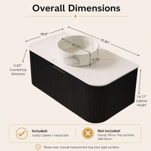 36" Floating Bathroom Vanity with Sink, Wall Mounted Plywood Cabinet, Black Fluted Front, Sintered Stone Countertop, White Marble-Look Ceramic Vessel Sink, Soft-Close Drawer, Pre-Assembled - color: Black Cabinet / White Marble Sink, size: 36 Inch