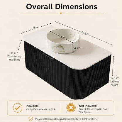 36" Floating Bathroom Vanity with Sink, Wall Mounted Plywood Cabinet, Black Fluted Front, Sintered Stone Countertop, White Marble-Look Ceramic Vessel Sink, Soft-Close Drawer, Pre-Assembled - color: Black Cabinet / White Marble Sink, size: 36 Inch