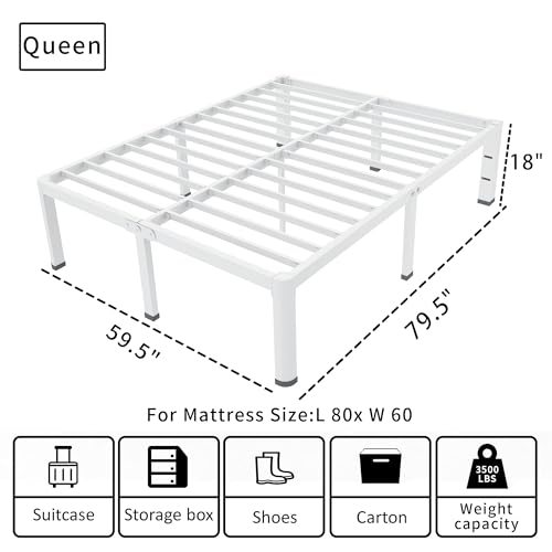 ROIL 18 Inch White Queen Bed Frame with Rounded Corner & 4 Mattress Baffles | Easy Assembly, Noise Free, 3500LBS Load Capacity, No Box Spring Needed, 16.4" Storage Space, Headboard Hole, Heavy Duty Steel - size: Queen, style: 18 Inch White