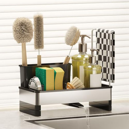 Stainless Steel Sink Caddy, Kitchen Sink Sponge Holder with Brush Holder and Towel Rack, Soap Dispenser Kitchen Organizers Storage Essentials, Dish Organizer for Countertop