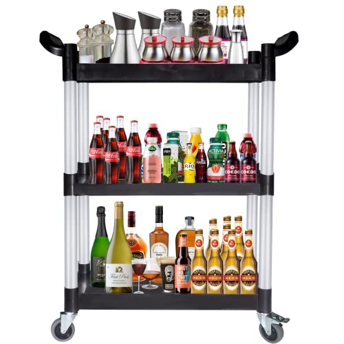 PELOEMNS Plastic Utility Carts with Wheels, Heavy Duty 510lbs Capacity Rolling Service Cart, 3-Tier Restaurant Food Cart with Hammer for Office, Warehouse, Garage (Lockable Wheels, Black)