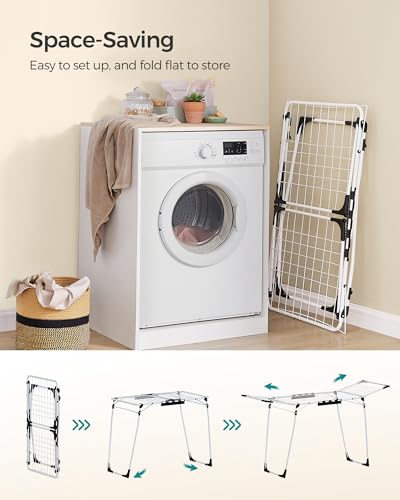 SONGMICS Clothes Drying Rack Foldable, Gullwing Laundry Drying Rack, Space-Saving, 22.2 x 68.1 x 38 Inches, Sock Clips, Metal Structure, for Clothes, Towels, Linens, Indoor, Outdoor White ULLR518W01 - color: White, style: 2 Gullwings（22.2"D)