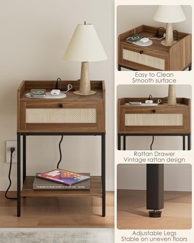 Masupu Nightstand with Charging Station, Modern Bedside Table Night Stand with Storage Drawer and Shelf,Small End Side Table for Bedroom,Living Room,Walnut Brown - color: Outlet-walnut