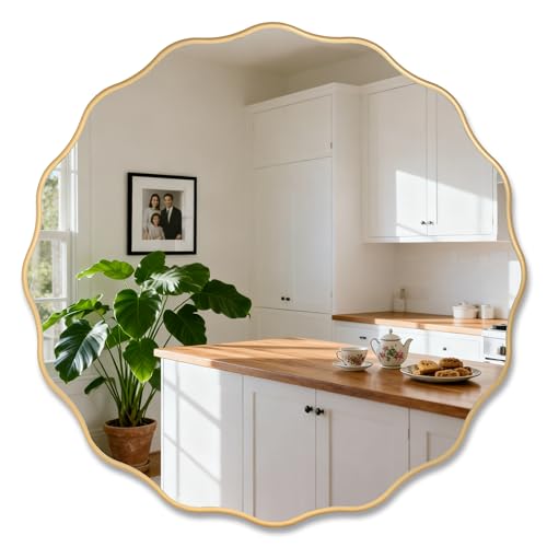 Gold Round Wavy 26" Scalloped Farmhouse Nursery Wall Decor Mirror | Circle Bronze Flower Wood Edge, Modern Wide Gender Neutral Soft Mirror, For Bathroom Bedroom Nursery Entryway Living Room - color: Gold, size: 26"L x 26"W