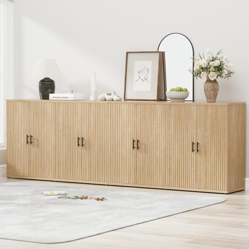 94.6" Fluted Sideboard Buffet Cabinet with Storage and 8 Doors, Mordern Credenza Storage Cabinet with Adjustable Shelves, Media Console Table, for Living Room Dinning Kitchen/Oak(2 PCS) - color: Natural Oak, size: 2 Pieces