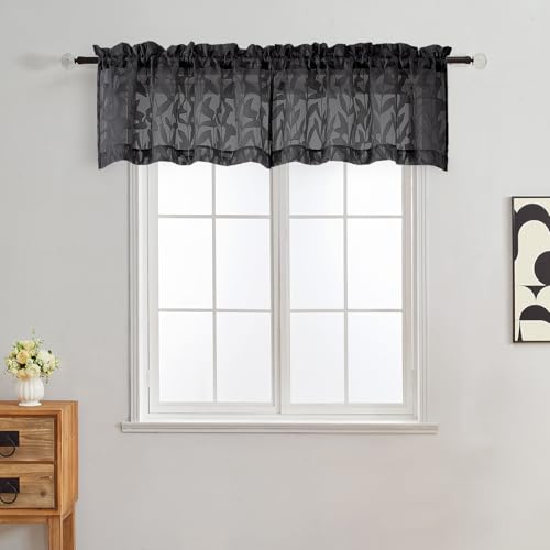 Gwine Black Valance for Windows, Light Filtering Kitchen Valances for Small Short Window, Voile Window Treatments Short Sheer Curtains for Bathroom Basement RV Camper, Each 42" Wx14 L, 2PCS - color: Black, size: 42"W x 14"L (Pack of 2)