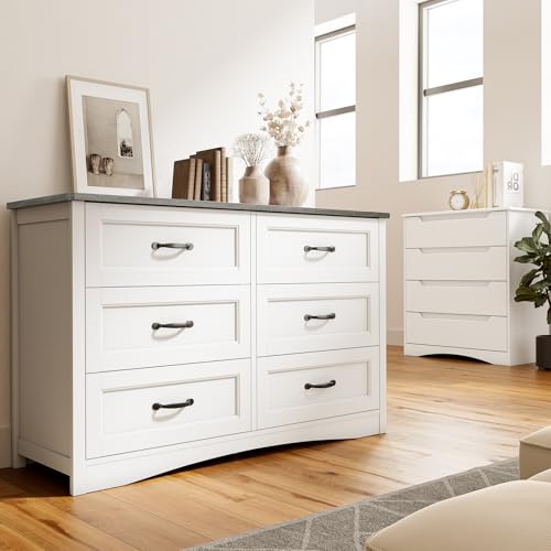 Gizoon 47" 6 Drawer Dresser, White & Grey Chest of Drawers Bedroom | 6 drawer wood dresser with metal handles. Storage cabinet organizer for bedroom, kids nursery room and home office - color: Grey
