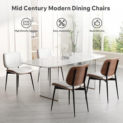 Dining Chair, Mid Century Modern Dining Room Chairs, Upholstered Faux Leather Kitchen Chairs with Walnut Bentwood Back and Metal Legs for Kitchen Dining Room Living Room, White - color: White, size: Set of 1