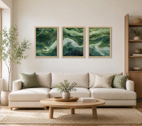 3Pcs Framed Canvas Wall Art Japanese Style Green Abstract Landscape Modern Print Art Gallery Suitable For Living Room Bedroom Office Home Decor 12x16 Inches Ready To Hang - color: Japanese-2, size: 12x16 Inch