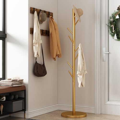 Coat Rack Freestanding Metal Coat Rack Stand with 8 Hooks,Gold | Sturdy Heavy Duty Modern Coats Tree for Bags Clothes Hall Tree Hats Hanger Holder Stand for Entryway Bedroom Hallway Office - color: Gold with 8 Hooks
