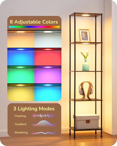 EDISHINE RGBW Floor Lamp with 5-Tier Display Shelves, Remote Control | 2700K–6500K, 3 Lighting Modes, Farmhouse Fire-Burned Wood for Living Room, Bedroom, Office - color: Burnt wood