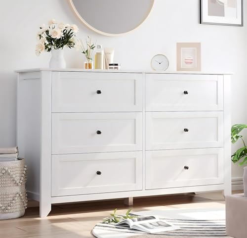 IDEALHOUSE 6 Chest of Drawers for Bedroom, 54''L Drawer Dresser, White | Simply 6 Drawer Dresser for Hallway Entryway, 15.8"D x 54"W x 31.5"H, Modern Lacquered Storage Organizer for Living Room - color: White, size: 15.8"D x 54"W x 31.5"H (6 Drawers)