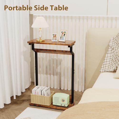 Narrow Side Table for Small Spaces, 2-Tier Farmhouse Small End Table, Slim TV Tray Couch Table Skinny Sofa Tray Tables Thin End Tables for Living Room Bedroom, Rustic Brown