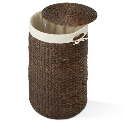 Casafield Round Laundry Hamper with Lid and Removable Liner Bag - Espresso Dark Brown, Woven Water Hyacinth Wicker Laundry Basket for Clothes, Towels