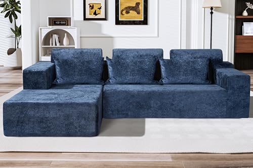 105" L-Shape Modular Sectional Sofa Couch for Living Room,No Assembly Required,Modular Comfy Sofa with Deep Seat for Living Room Bedroom,Luxury Distressed Velvet(Left,Blue) - color: Velvet Blue, size: 105"Left Facing