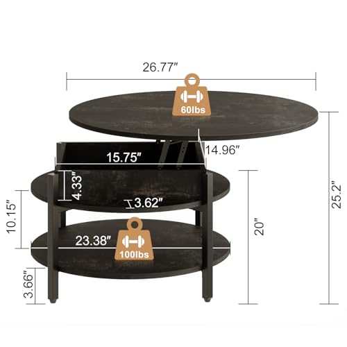 FABATO 26.77” Round Lift Top Coffee Table with Storage, Black Oak | Farmhouse Coffee Table, 2 Tier Small Round Center Table, Center Table for Living Room, Circle Dining Table - color: Black Oak