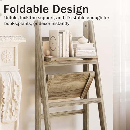 Ladder Shelf 4-Tier Foldable Wooden Ladder Bookshelf Plant Stand | Folding Wooden Ladder Bookshelf, Plant Stand for Small Space, Display Rack for Living Room, Bedroom, Balcony, Natural Wood - color: 4-tier/Light Brown