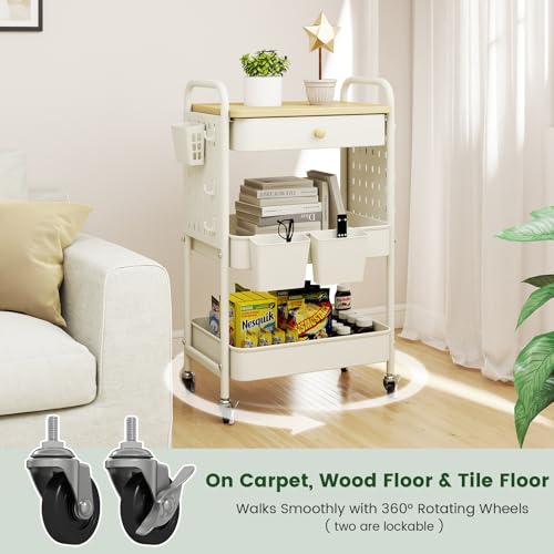 Rolling Utility Cart with Drawer, 3 Tier Rolling Cart with Wheels, Hooks & Hanging Cups, Craft Cart Art Cart Snack Cart Rolling Storage Cart with Wooden Table Top & DIY Pegboards, White