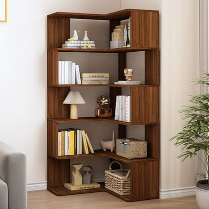 IOTXY 6-Tier L-Shaped Corner Bookshelf - 66" Tall Wooden Freestanding Bookcase with Open Shelf Units, Walnut - color: Walnut