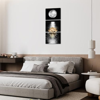 Artmyharbor 3 Pieces Vertical Black White Full Moon Wall Art | 12x16 Inches, Golden Lotus Moon Phase Landscape Print, Bedroom Office Apartment Decor