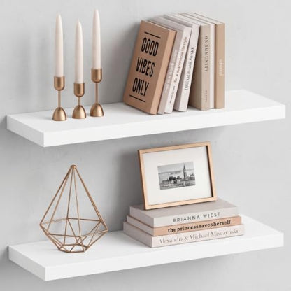 Harwaya 24 Inch White Floating Shelves Bathroom, Bedroom Wall Shelf 2-Pack | 8" Deep Wall Mounted Shelves for Kitchen Office Living Room Closet Plants Books Dresser - color: White