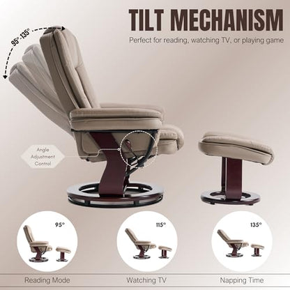 Swivel Recliner Chair with Ottoman Reclining Lounge Sofa Footrest, Set of 1 | 360°Sturdy Wood Base, Soft Faux Leather, Upholstered Ultra-Plush Foam, Modern Armchair, Living Room Bedroom Office Reading - color: Taupe, size: Set of 1