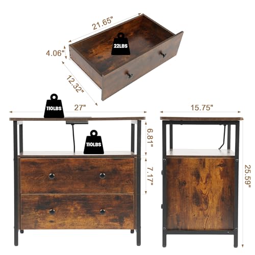 Edbuosy 27" Wide Nightstand with Charging Station & 2 Drawer, Retro Brown | Small Dresser for Closet, 2 AC Outlets & 2 USB Ports, Open Shelf, Adjustable Feet, Wood Nightstand for Living Room or Bedroom - color: Retro Brown, size: 2 Drawer