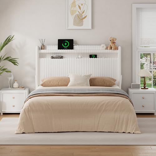 54" Tall Headboard Queen Size with Storage, LED Light, Corduroy Wingback Headboard with Charging Station, Upholstered Head Board Queen w/High-Density Sponge Padding, Storage Pockets, Off White