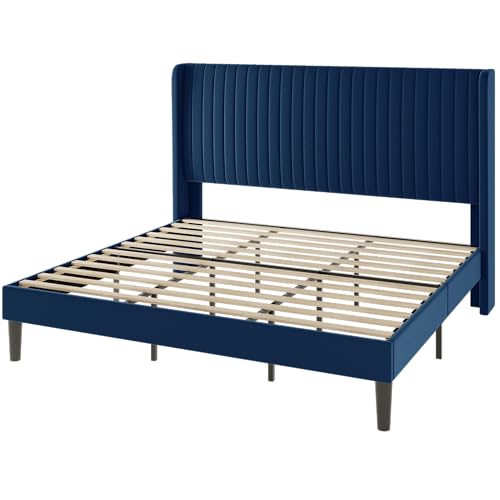 Allewie King Size Velvet Bed Frame/Vertical Channel Tufted Wingback Headboard/Upholstered Platform Bed/Strong Wooden Slats/No Box Spring Needed/Easy Assembly/Blue - color: Blue, size: King