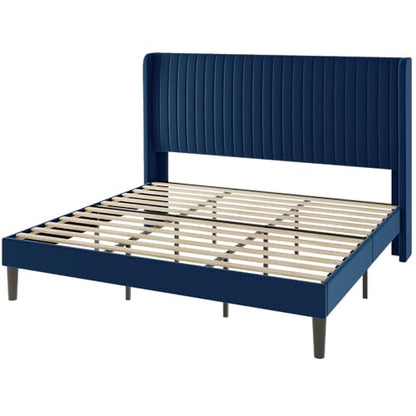 Allewie King Size Velvet Bed Frame/Vertical Channel Tufted Wingback Headboard/Upholstered Platform Bed/Strong Wooden Slats/No Box Spring Needed/Easy Assembly/Blue - color: Blue, size: King