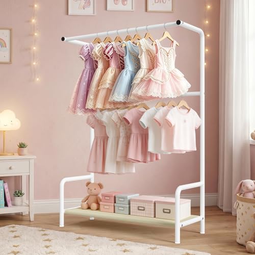 Kids Clothing Rack Double Rods for Bedroom Playroom White | Double Rod Design, Powder Coated Steel, Bottom Storage Shelf, for Baby Toddler Clothes, Dress Up, Nursery, Bedroom, Playroom - color: White