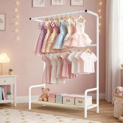 Kids Clothing Rack Double Rods for Bedroom Playroom White | Double Rod Design, Powder Coated Steel, Bottom Storage Shelf, for Baby Toddler Clothes, Dress Up, Nursery, Bedroom, Playroom - color: White