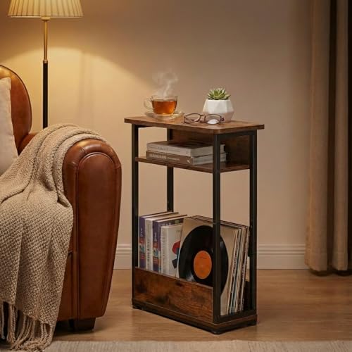 YEAKOO Narrow Side Table,3-Tier End Table with Storage Shelf,Modern Sofa Table Thin Side Table for Narrow and Small Spaces, Skinny Bedside Table Small Nightstand with Magazine Rack Space Saving/Brown - color: Rustci Brown