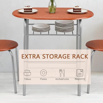 VINGLI 3 Piece Dining Set, Small Kitchen Table Set for 2, Breakfast Table Set, Kitchen Wooden Table with 2 Chairs for Small Space/Dining Room/Apartment, Metal Frame, Wine Rack, Russet - color: Russet