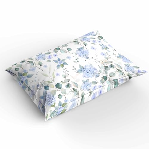 Duvet Cover Set Full, Blue Hydrangea Flower Leaves on White 3 Piece Bedding Set Breathable Quilt Cover Set, Farmhouse Floral Soft Microfiber Bed Set with Pillow Shams - size: Full