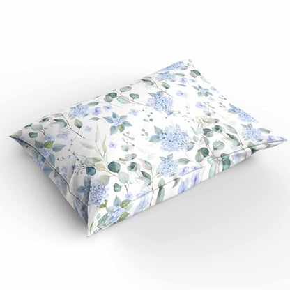 Duvet Cover Set Queen, Blue Hydrangea Flower Leaves on White 3 Piece Bedding Set Breathable Quilt Cover Set, Farmhouse Floral Soft Microfiber Bed Set with Pillow Shams - size: Queen